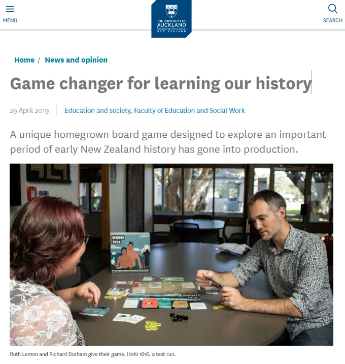 University of Auckland's article: Game changer for learning our history